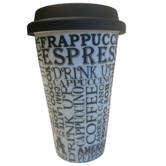 Ciroa Porcelain Travel Mug Coffee Typography Black White Silicone Lid Reusable - Picture 6 of 9
